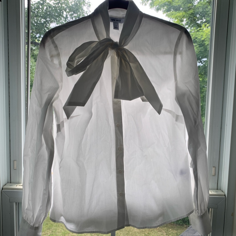 Nine West size small white button down with neck bow tie -worn once